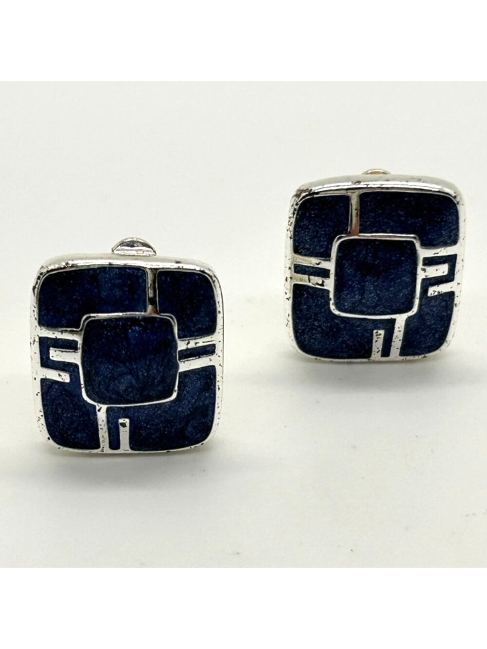 Vintage Blue Enamel Clip-On Earrings Silver Tone Square Geometric Abstract 1980s